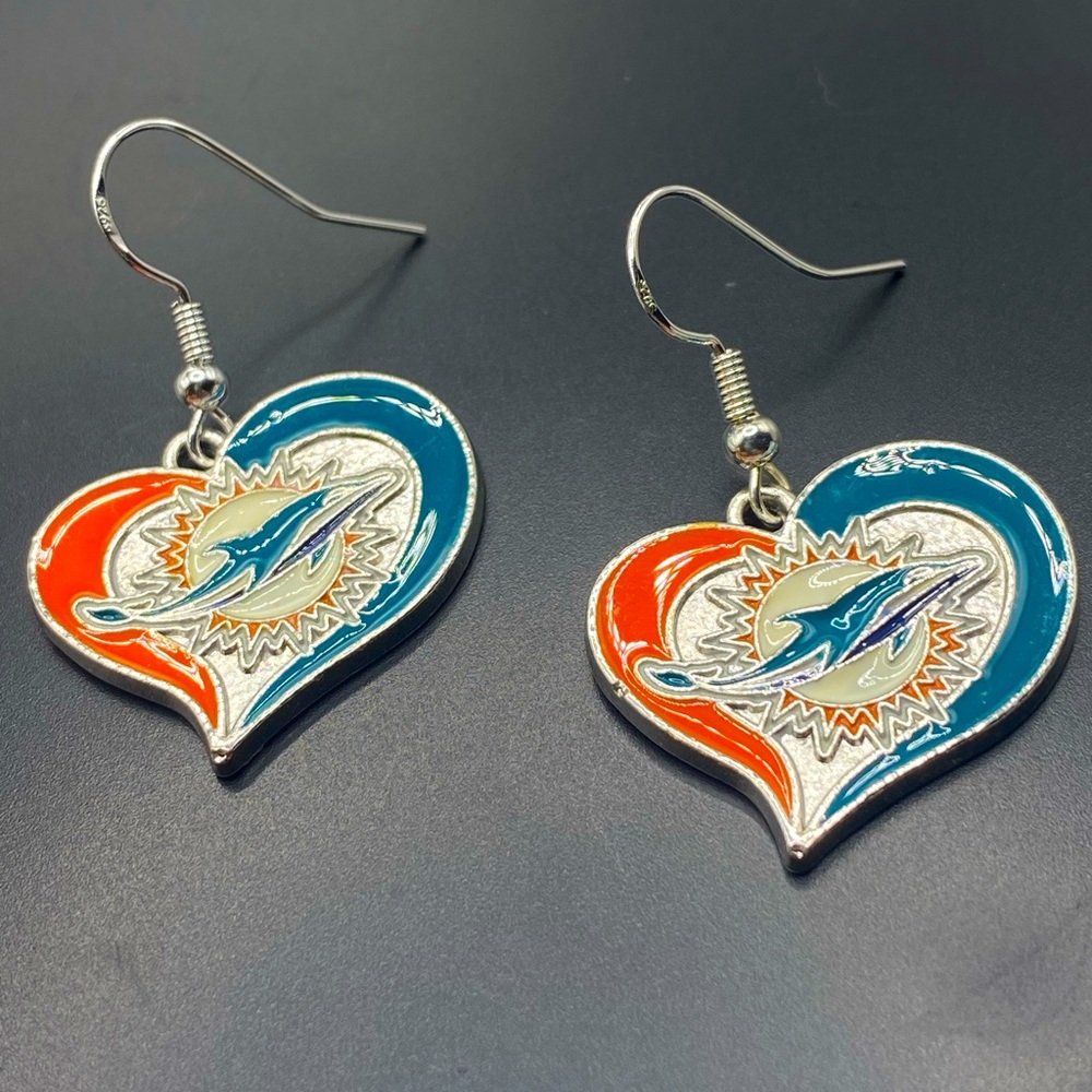 Ss hooks green and orange heart shaped Miami dolphins silver tone earrings